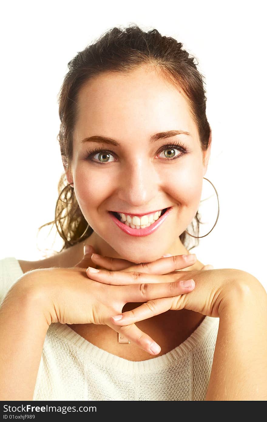 Portrait of a beautiful happy young woman against white background. Portrait of a beautiful happy young woman against white background