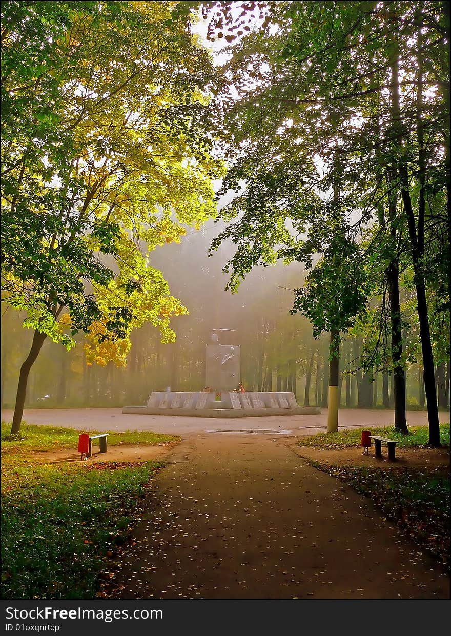 Autumn fog in city park. Autumn fog in city park