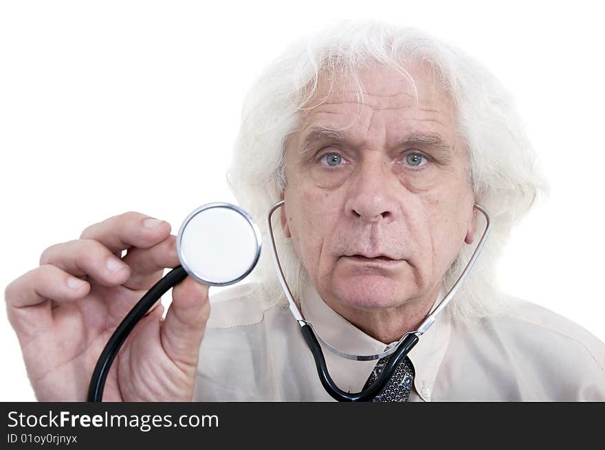 Older man with stethoscope listening