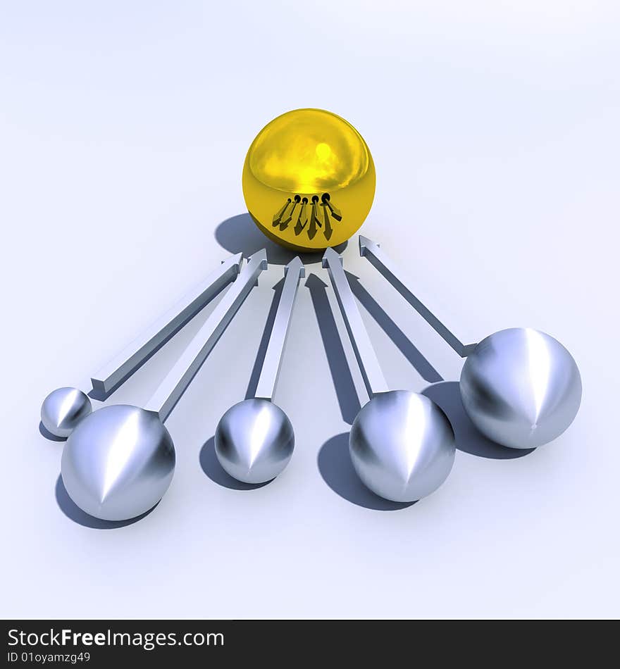 Large gold sphere and steel spheres with arrows