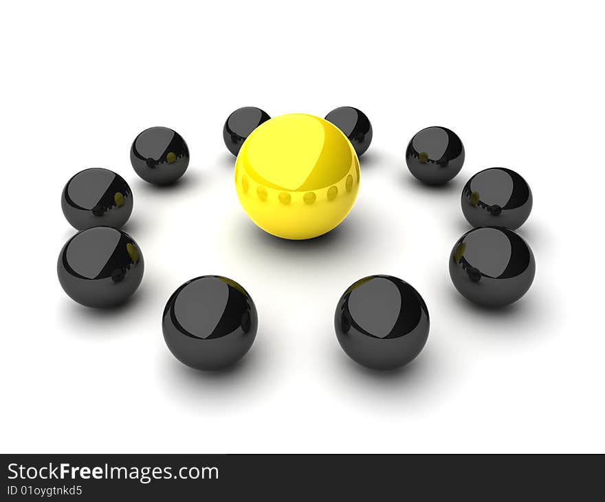 Large yellow sphere and black spheres. Large yellow sphere and black spheres