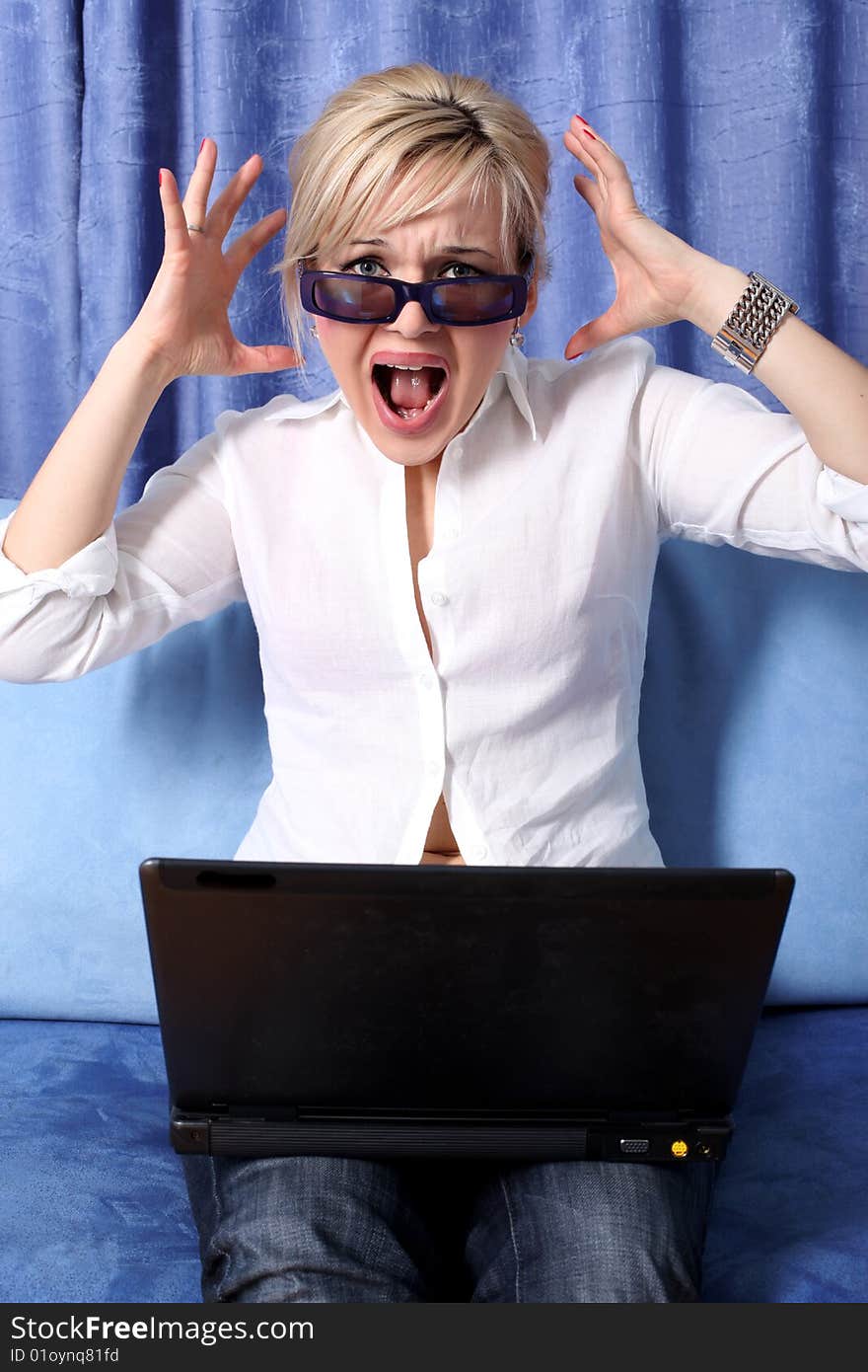 Crisis - woman with notebook in room. Crisis - woman with notebook in room