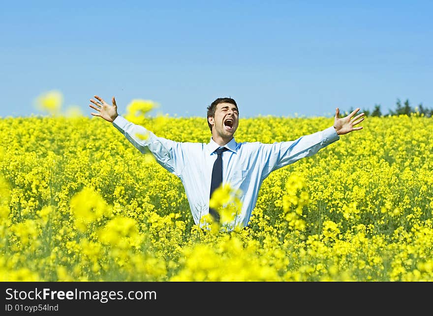 Businessman in a field of yellow flowers