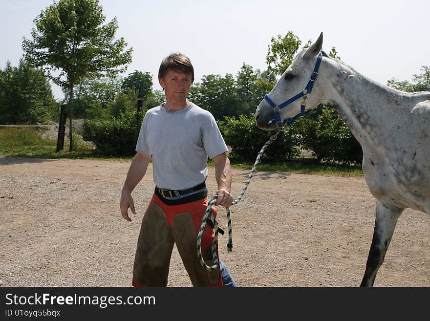 Farrier and gray Horse