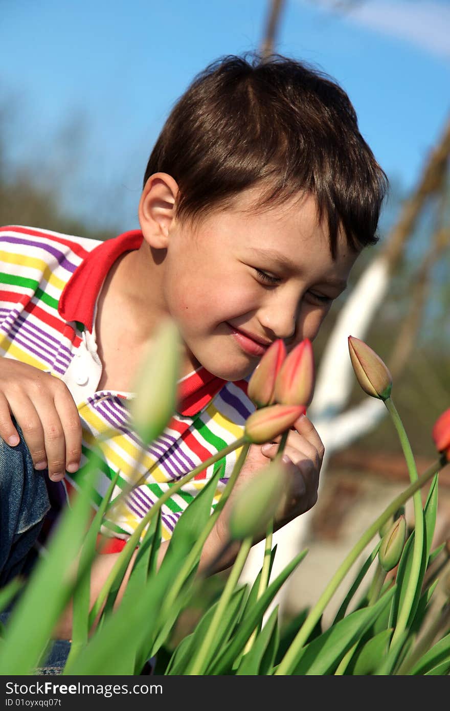 Little boy with tulips outdoors