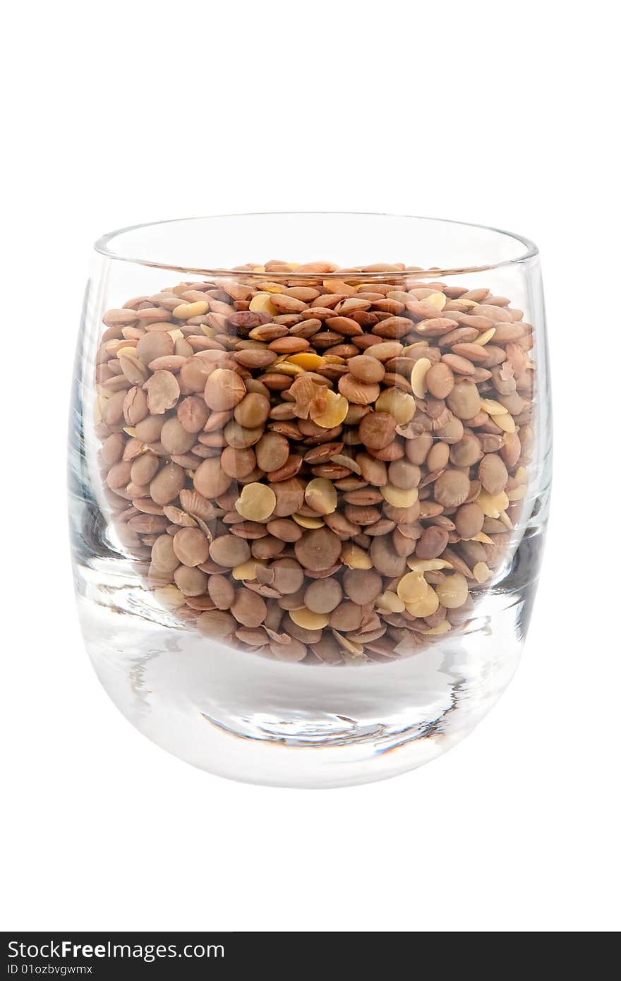 Lentils in glass, white background