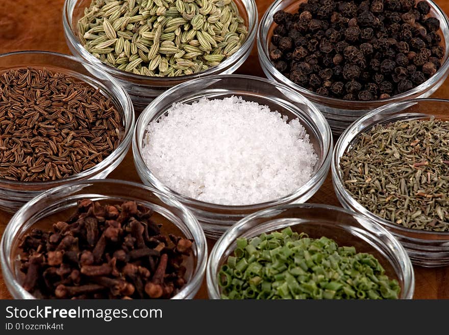 Indian spices on wooden table