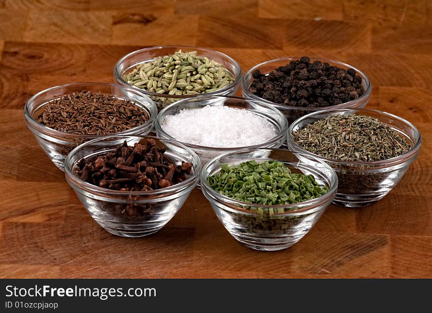 Indian spices on wooden table