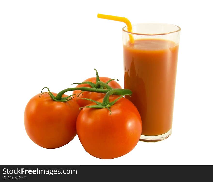 Tomato juice and three tomato close-up. Tomato juice and three tomato close-up