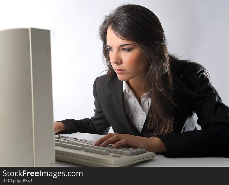 Business woman with computer isolated. Business woman with computer isolated