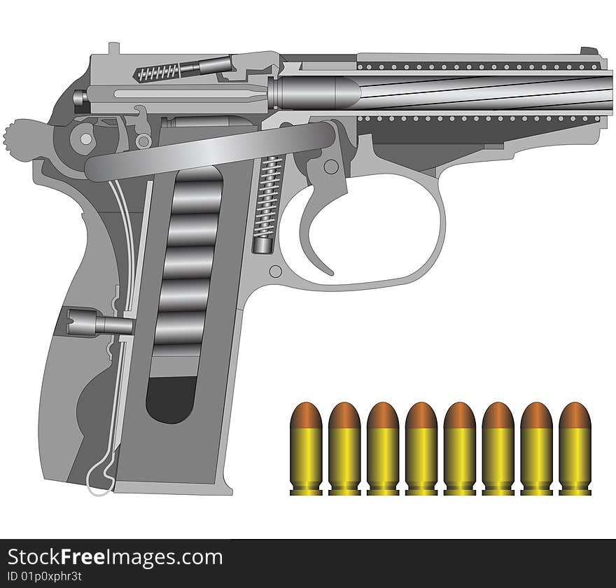 Detailed russian pistol scheme isolated on white(vector illustration). Detailed russian pistol scheme isolated on white(vector illustration)