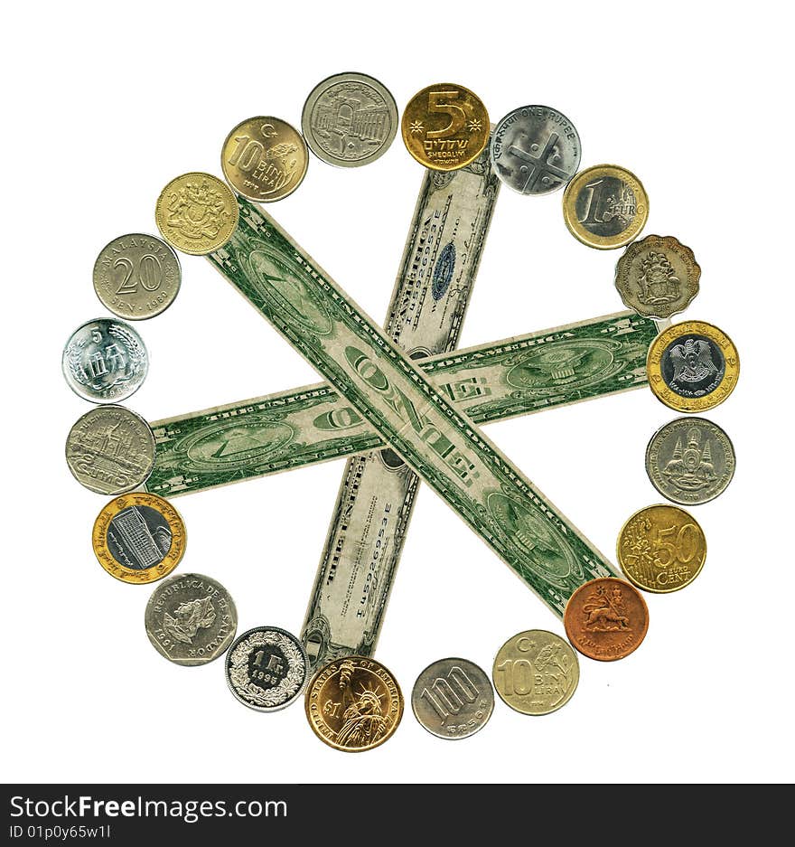 The world banknotes and coins in motion. Financial wheel. The world banknotes and coins in motion. Financial wheel.