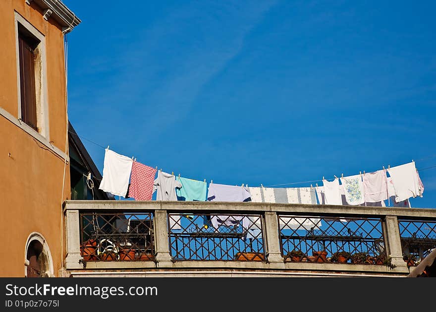 Terrace in Venice with laundry drying on a rope. Terrace in Venice with laundry drying on a rope