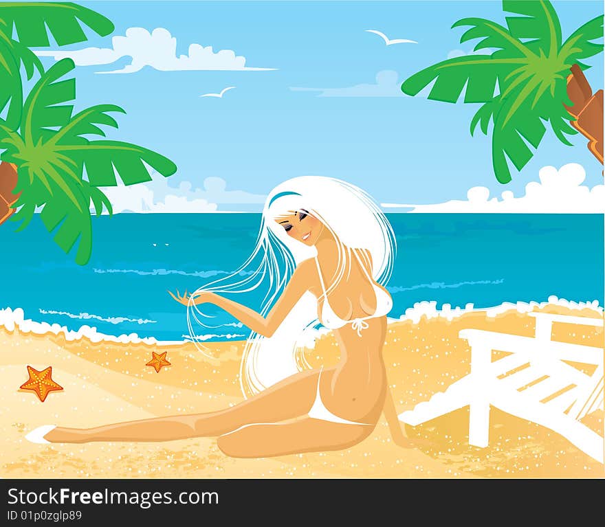 Girl on beach, vector illustration