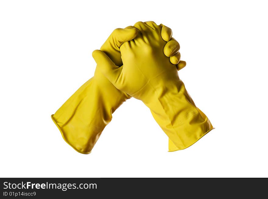 Yellow rubber gloves on white with clipping path