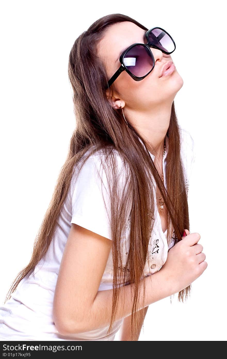 Woman in a white shirt with the glasses on a white background