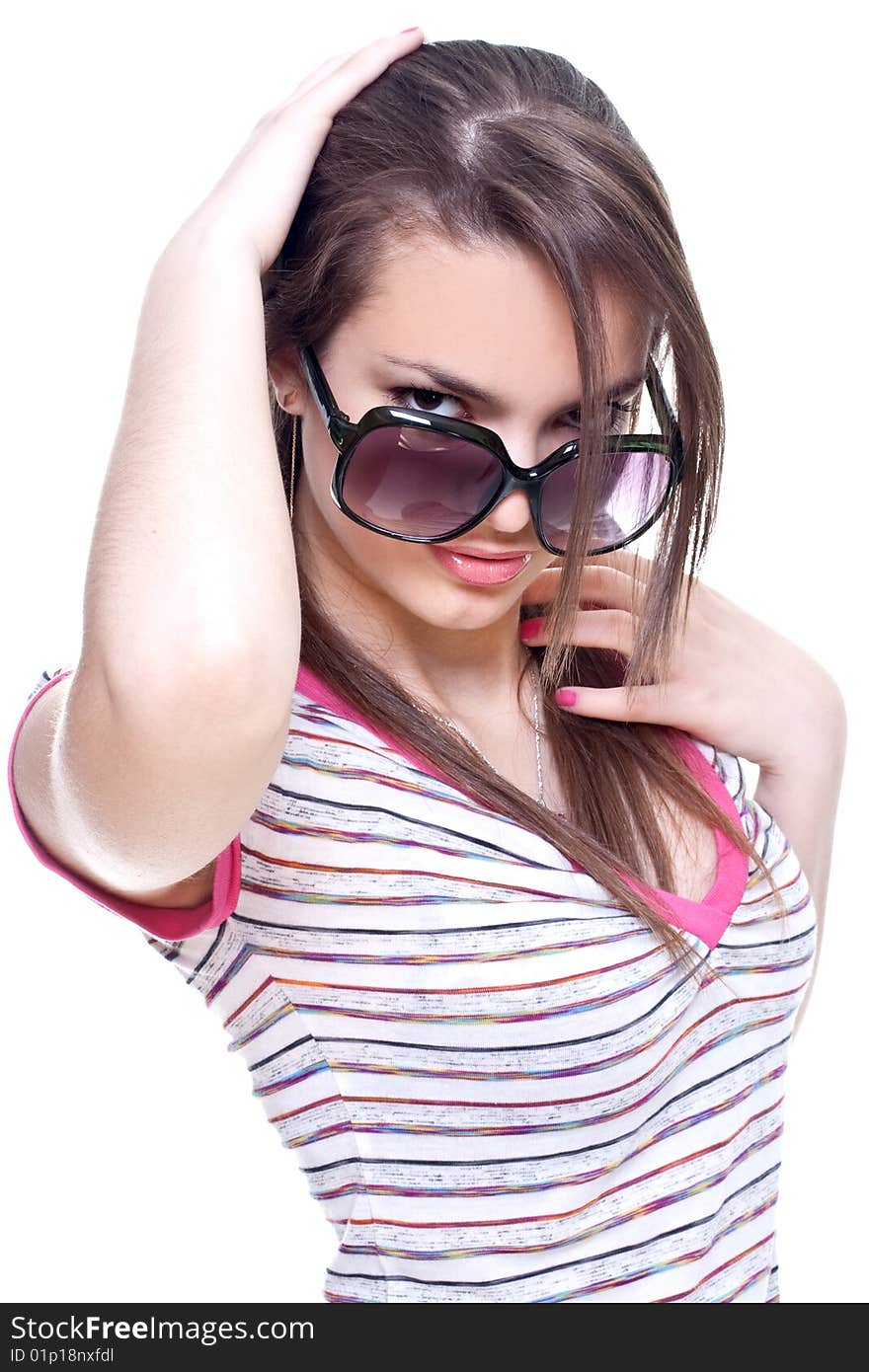 Woman in a pink shirt with the glasses on a white background