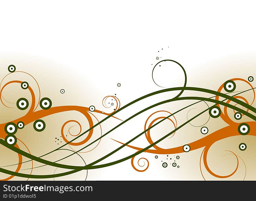 Horizontal abstract flower background with curves and scrolls. orange, green and white colors