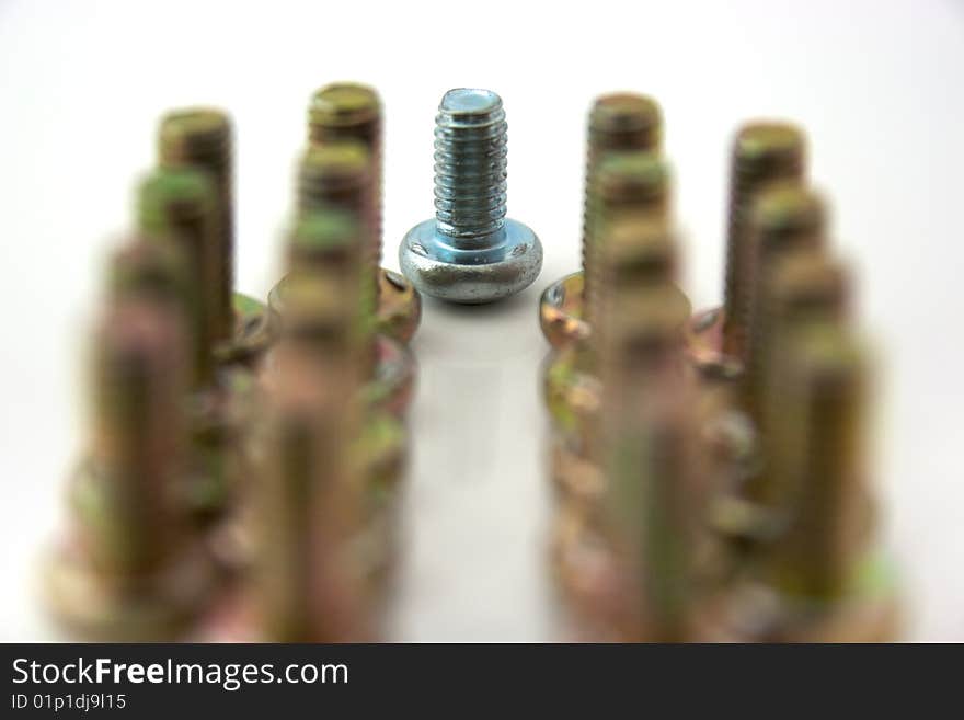 Metal bolts in row isolated on white background