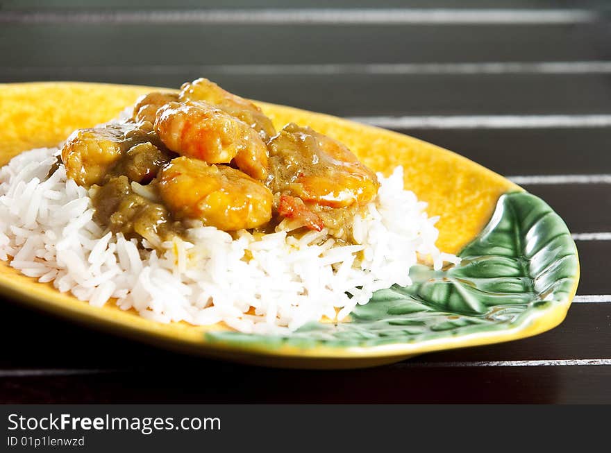 Prawn curry served with basmati rice