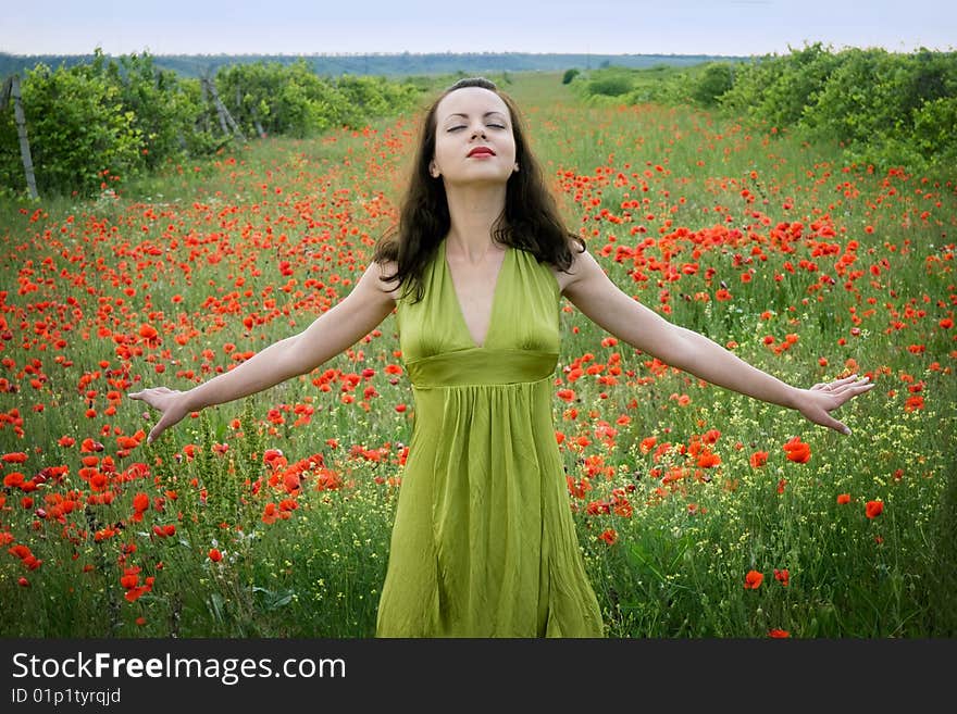 Young girl with long hair in poppies field. Young girl with long hair in poppies field