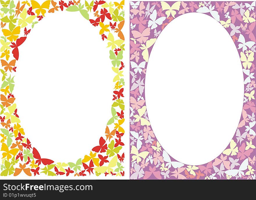 Two frames with coloured butterflies. Two frames with coloured butterflies