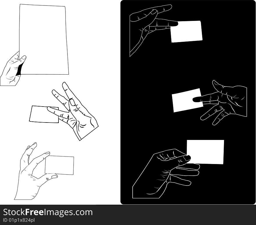 White and black hands olding paper sheet and business card. Good for illustrating anything related to communication, business or the office environnement. Hands are separated on different layers. White and black hands olding paper sheet and business card. Good for illustrating anything related to communication, business or the office environnement. Hands are separated on different layers.