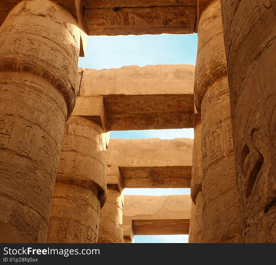 Columns of Karnak's temple with egyptian hieroglyphs