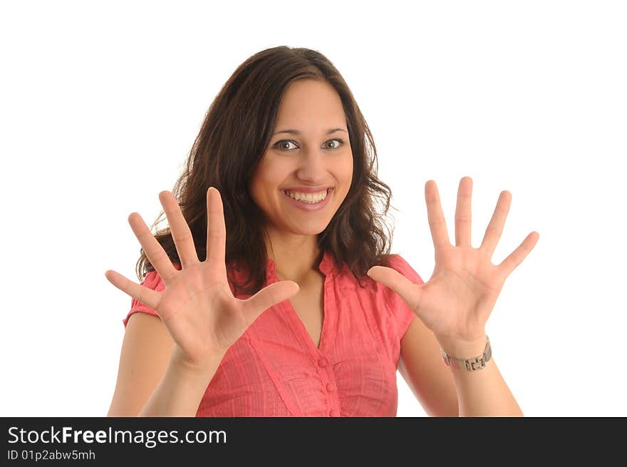 Young woman gesturing with both hands. Young woman gesturing with both hands.