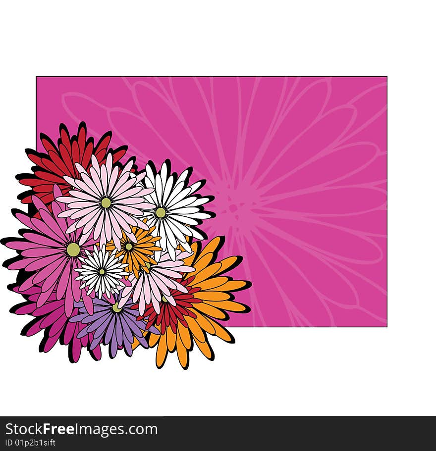 A bouquet of illustrated daisies in front of a bright pink background. A bouquet of illustrated daisies in front of a bright pink background.