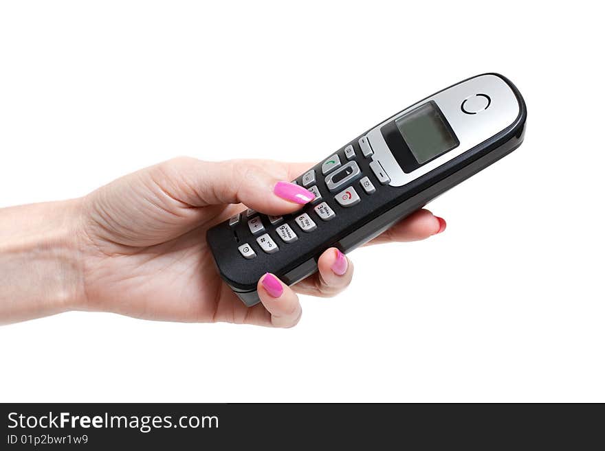 Feminine hand with telephone, rose nailwear, manicure, on white background