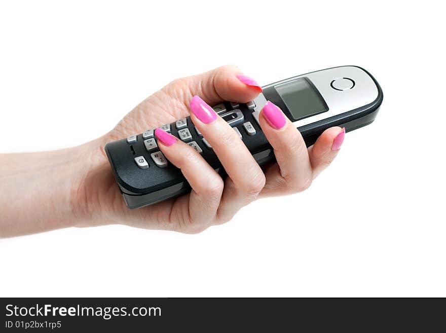 Feminine hand with telephone, rose nailwear, manicure, on white background