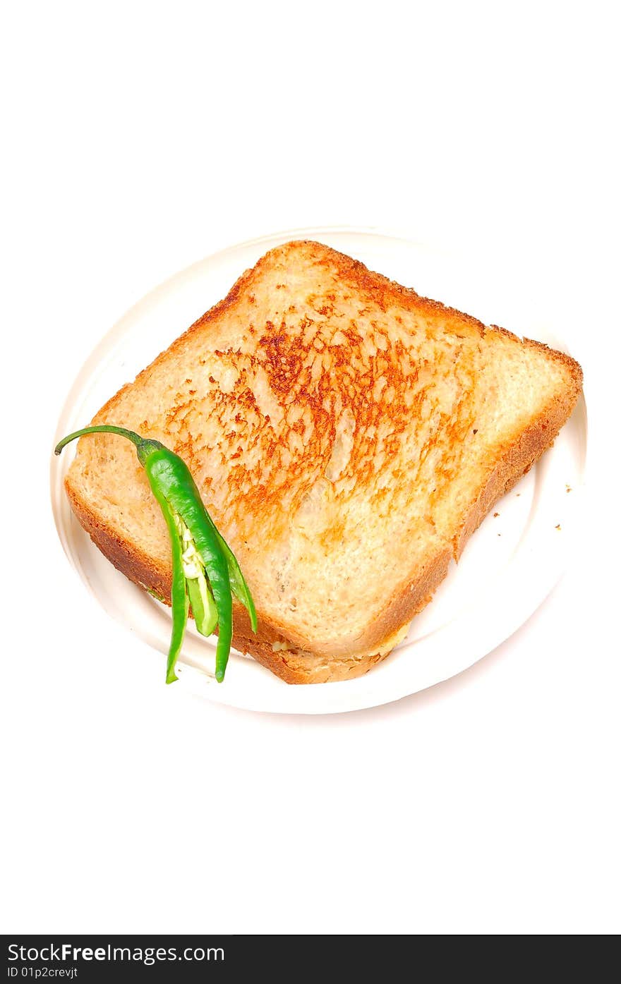 Sandwitch with green chilly isolated on white background.