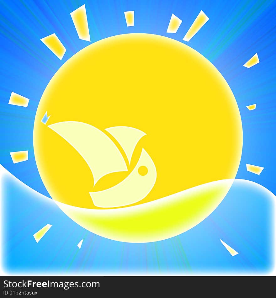 The small sailboat on the background of the big sun and the wave. The small sailboat on the background of the big sun and the wave