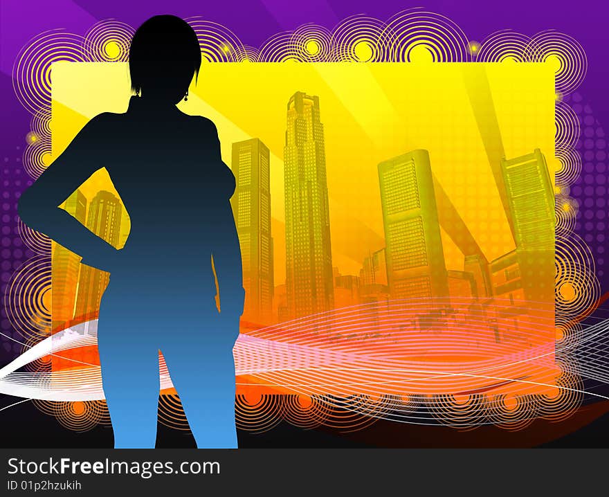 Funky background with Singapore River skyline and lady silhouette. Funky background with Singapore River skyline and lady silhouette