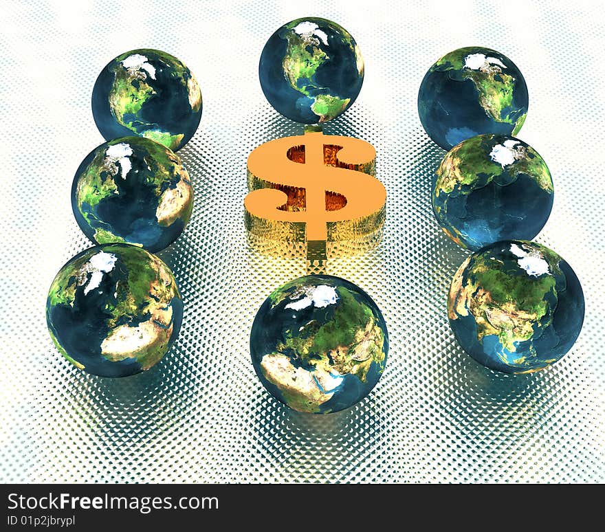 Golden us dollar sign with models of the earth