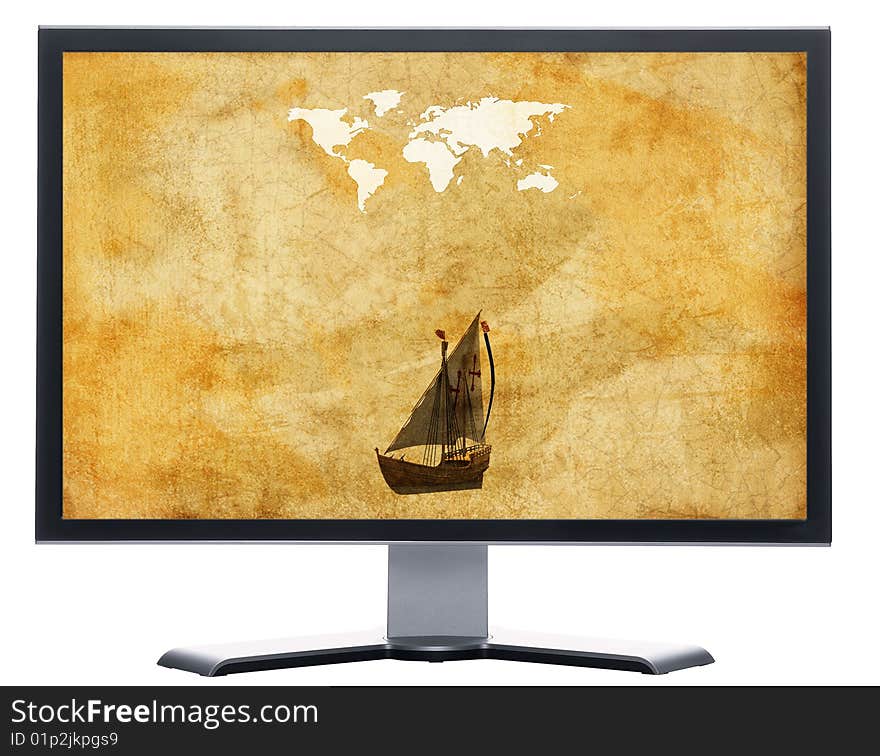 Monitor With Old World Map On Grunge Retro Paper