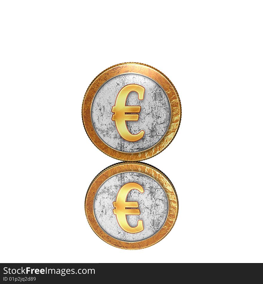 Golden coin with reflectoin on mirror background