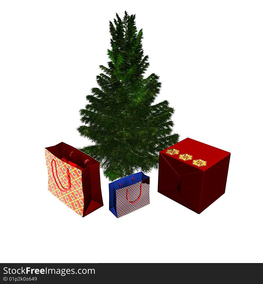 Bare Christmas tree ready to decorate with gifts box on white