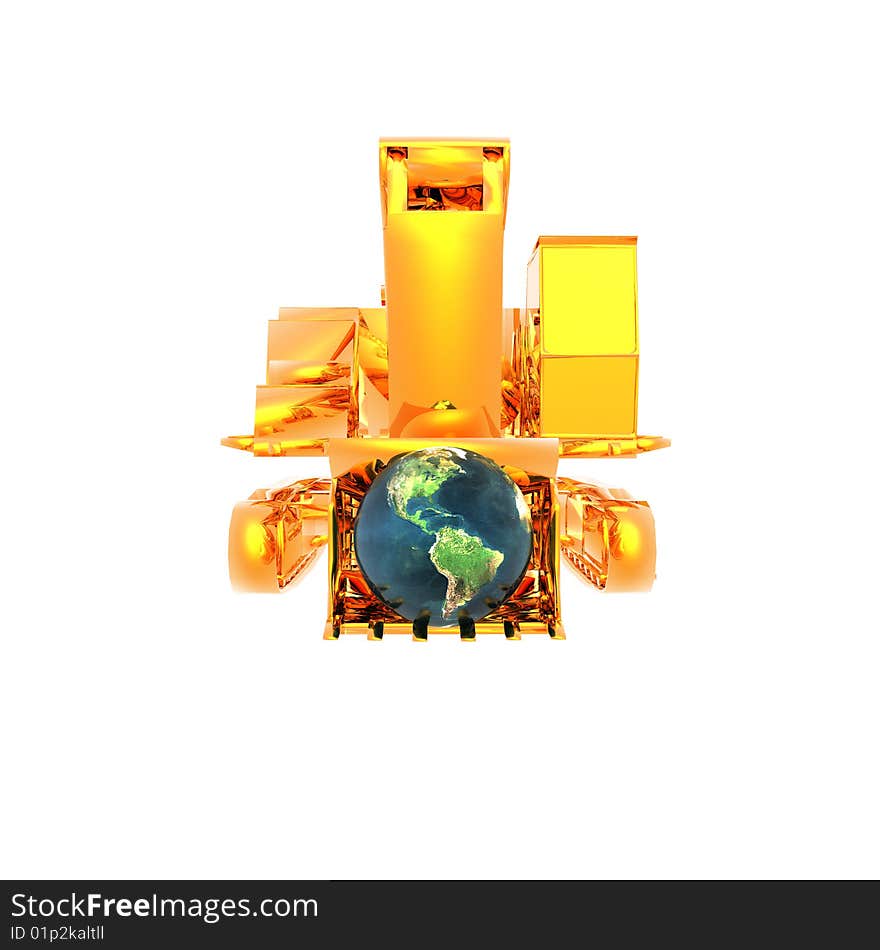 Golden truck and globe isolated on a white background