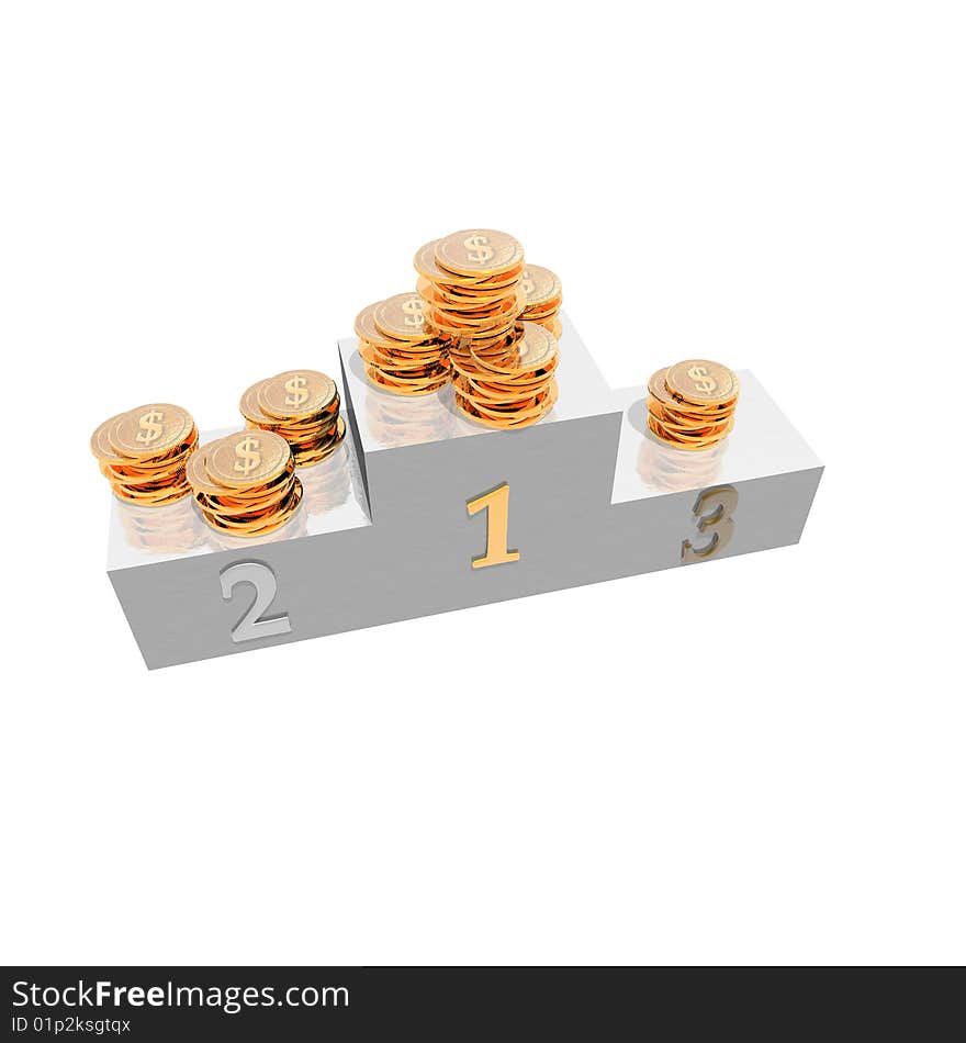 Podium with golden coins isolated on a white