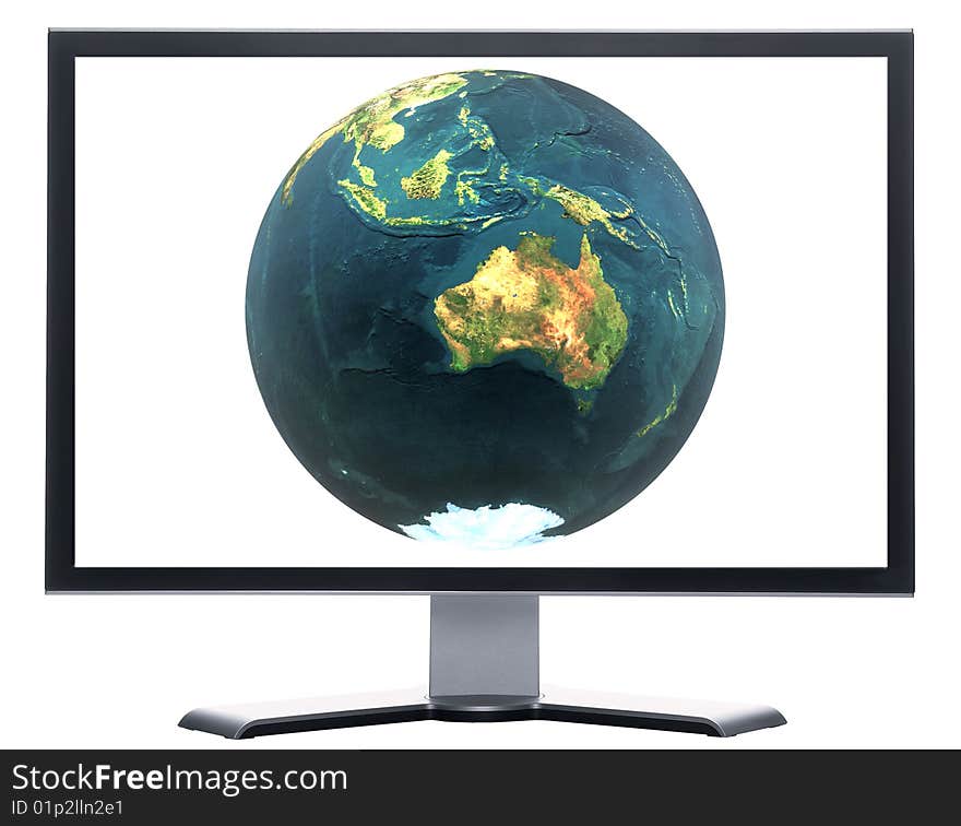 Monitor with 3D globe with Australia isolated on white