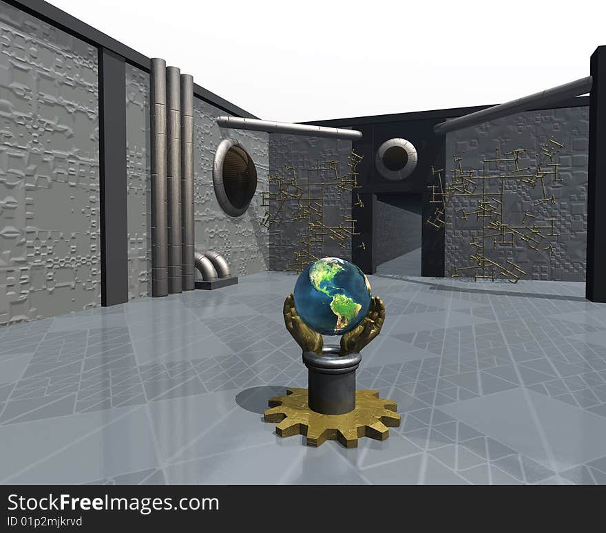 Futuristic room interior with globe