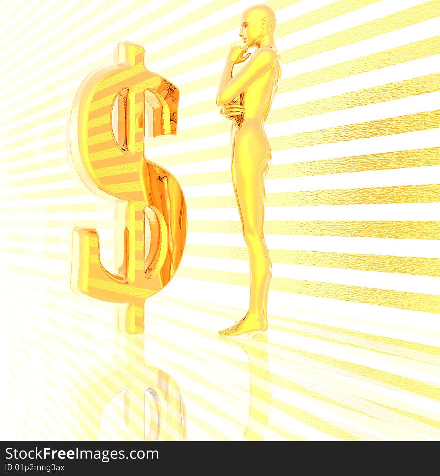 3d girl and us dollar sign on stripe background