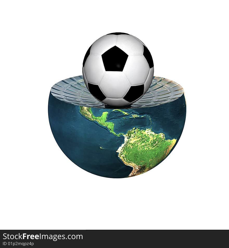 Soccer ball on earth hemisphere isolated on a white