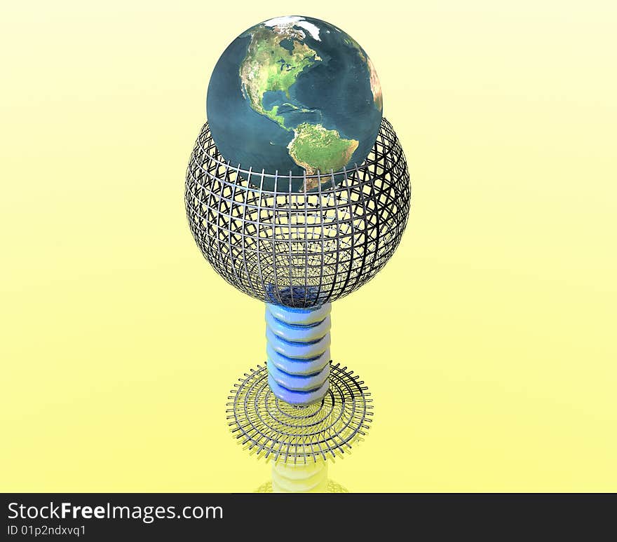 Cool wine glass in 3D with earth and reflection