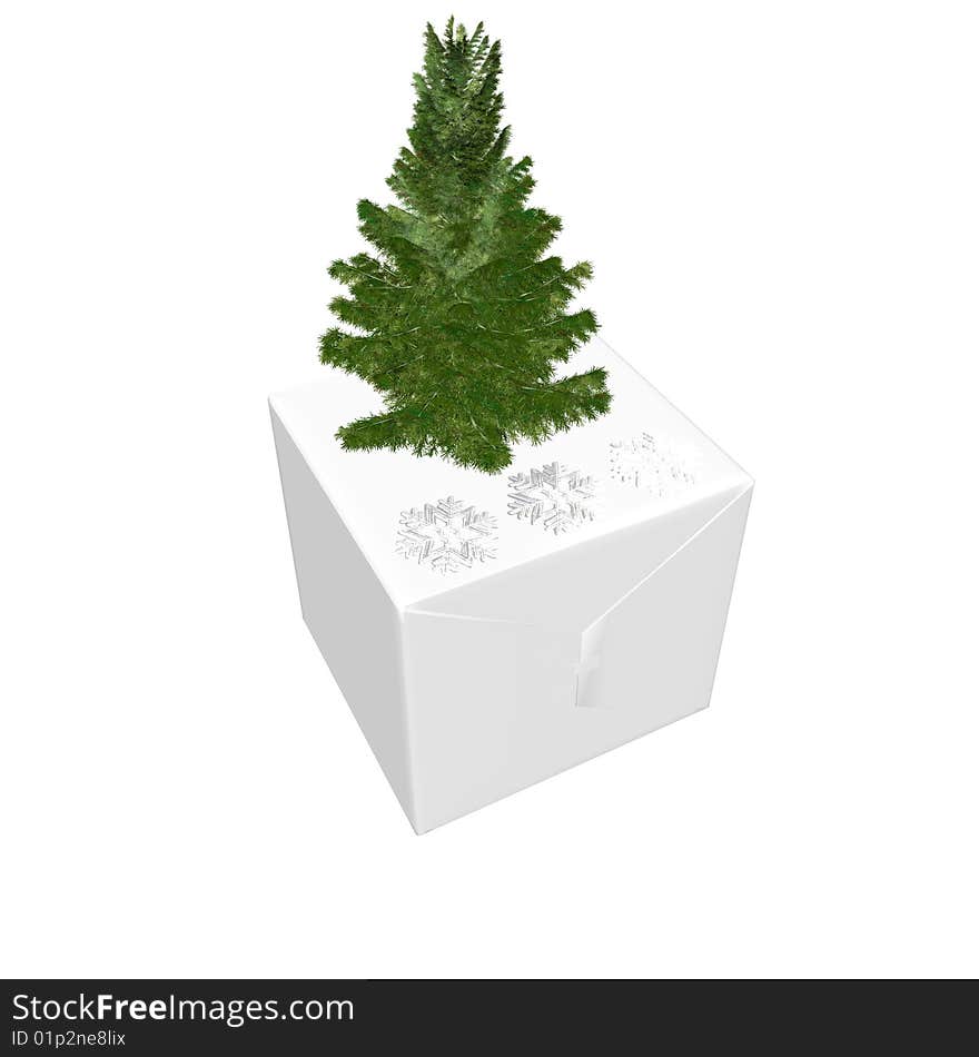 Bare Christmas tree ready to decorate with gifts box on white