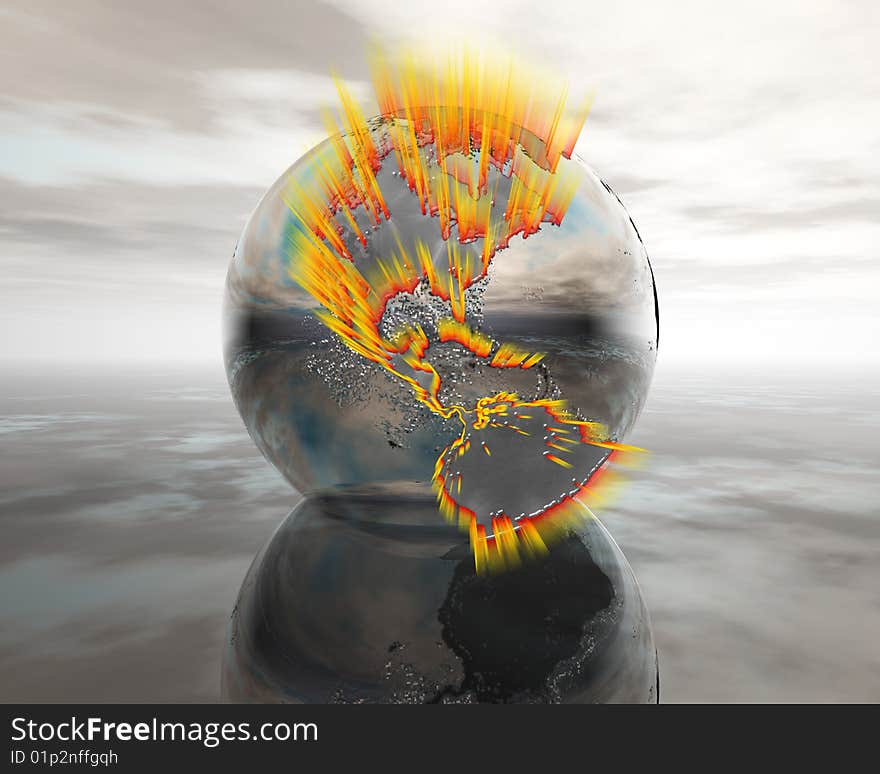 3D globe on water in silver colors with backlights