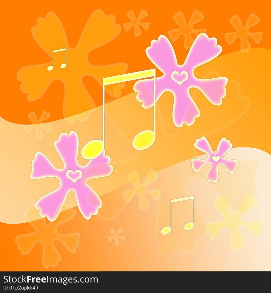 Orange background with flowers and notes