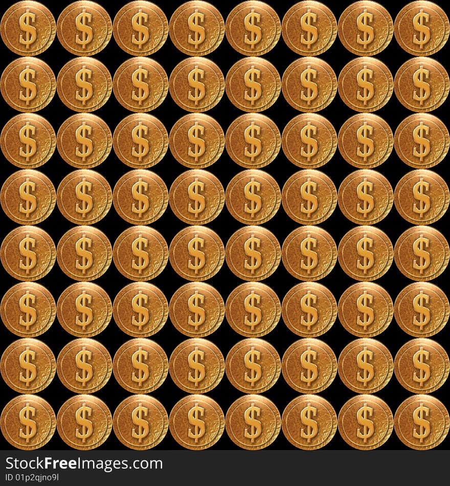 Golden us dollar coins on the black background. Golden us dollar coins on the black background